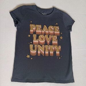 Place Kids Tee Sz M7/8 - Black with Gold and Brown Accents 'Peace Love Unity'